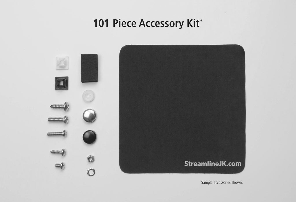 101 piece accessory kit to attach license plate frame to car or truck