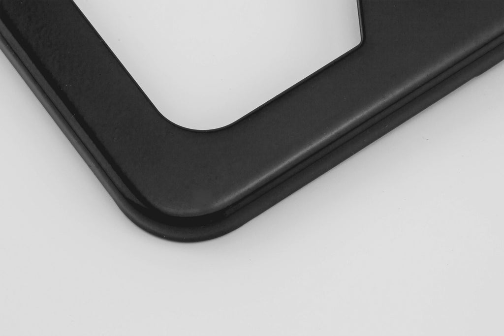 Detail view of the back of the Ultimate Stainless Steel License Plate Frame powder black version