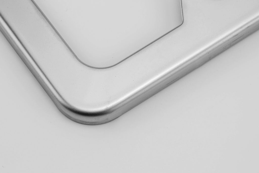 Detail view of the back of the Ultimate Stainless Steel License Plate Frame