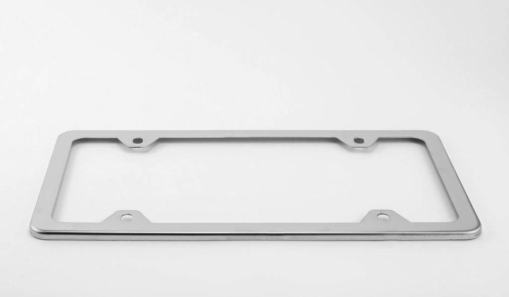 Side view of the Ultimate Stainless Steel License Plate Frame against a white background polished shiny version